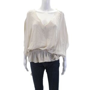 Chelsea Flower Womens Silk V-Neck Short Sleeve Pullover Blouse Top Beige Size XS